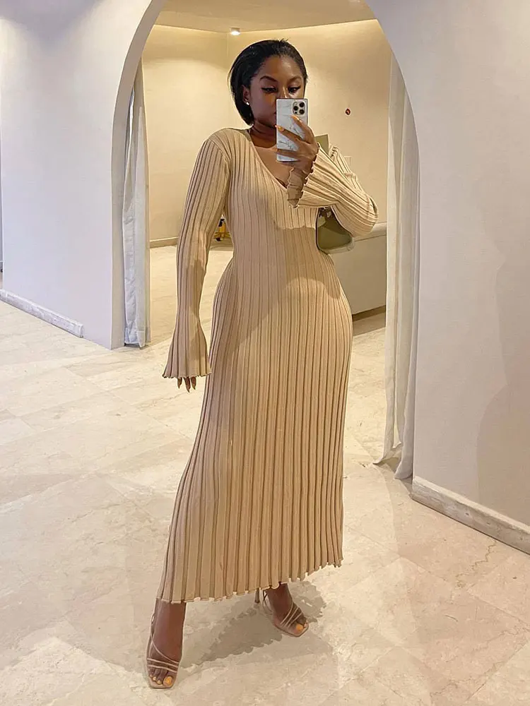 

White 2023 Autumn New Women's Long Sleeves Knitted Elasticity Beach Maxi Dress Casual Tunic V-neck Stripe Thin Long Skirt A1961