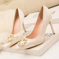 womens pumps fashion sexy nightclub slim high heeled wedding shoes pointed silk satin pearl buckle single