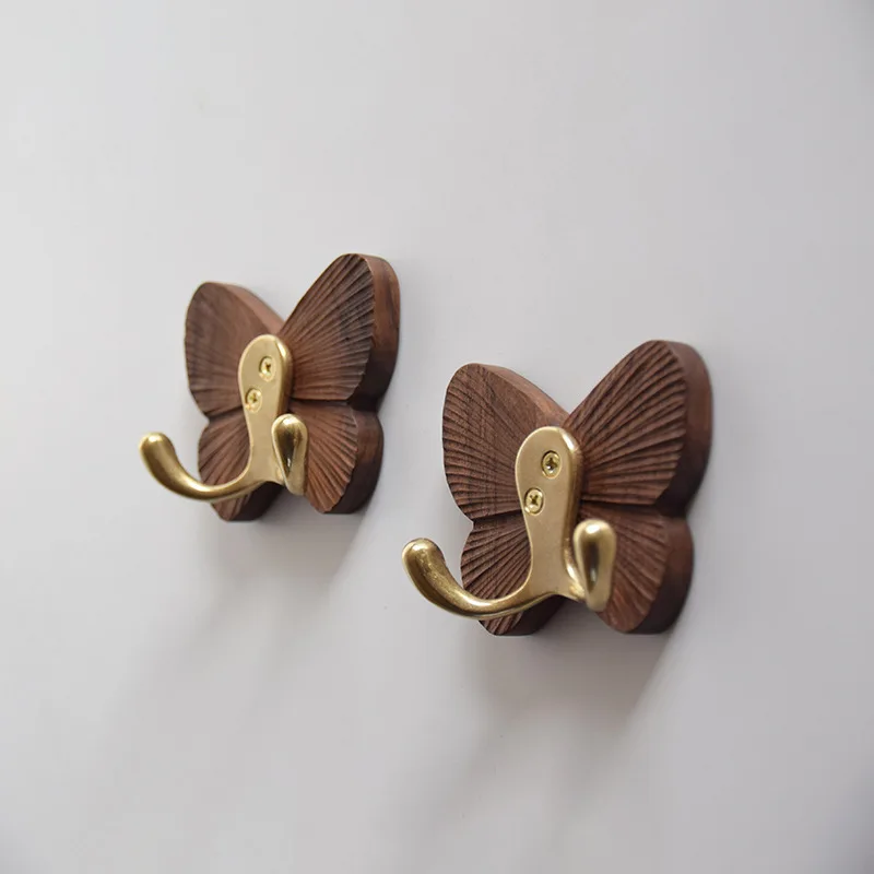 

1pc Butterfly solid wood hook creative beech black walnut no trace strong viscose carving craft decoration hanging clothes hooks