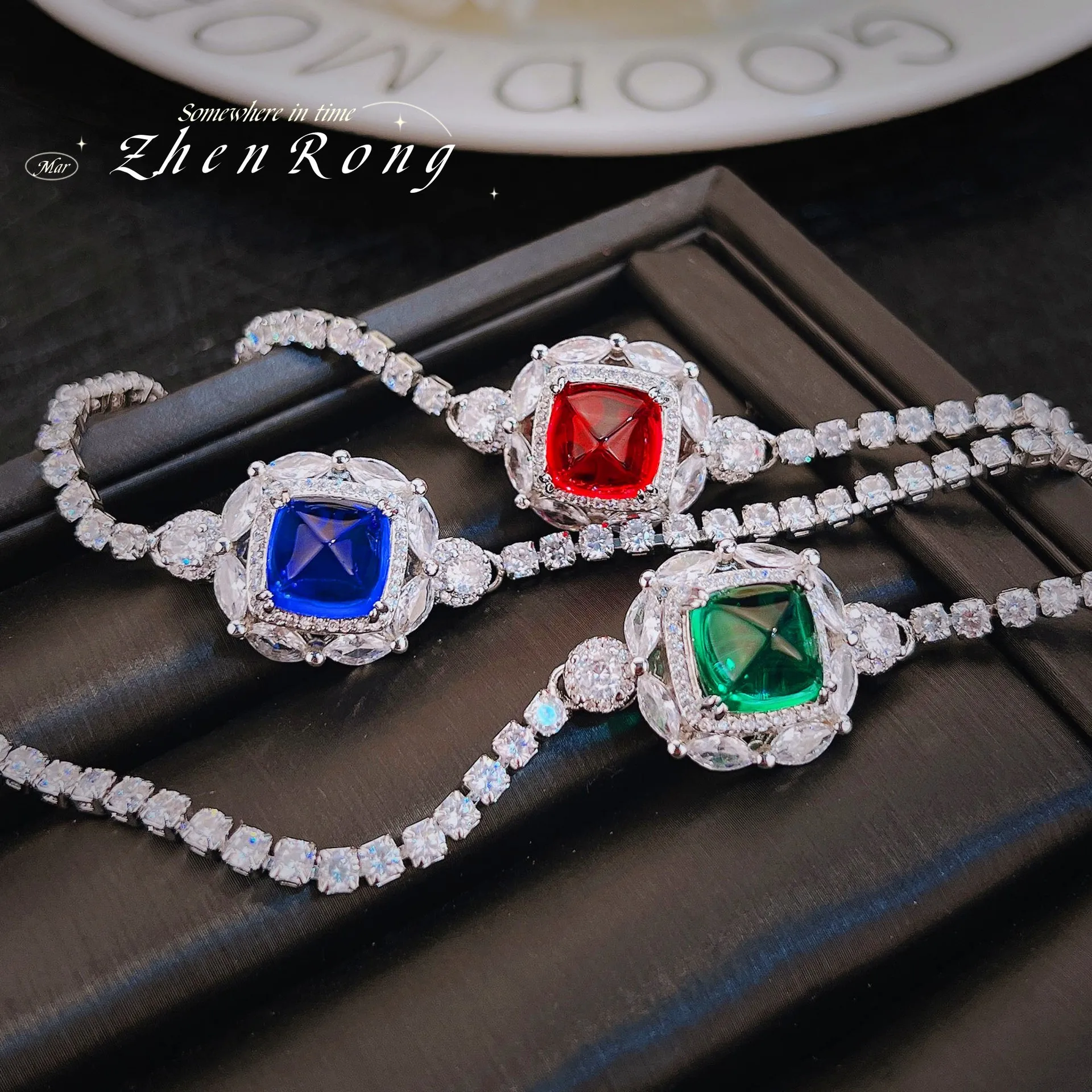 

New Luxury Princess Square Cut Lab Sapphire Sugar Tower Silver Color Tennis Bracelets For Women Charm 17cm Chain Fine Jewelry