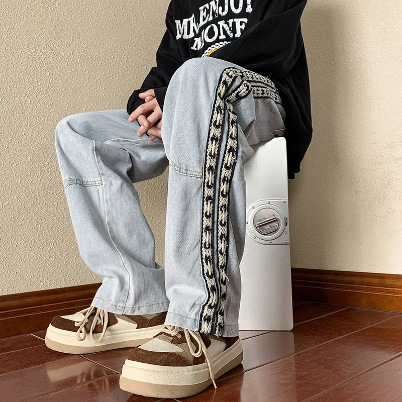 DEEPTOWN Classic Straight Jeans Men Streetwear Denim Striped Pants Hip Hop Black Blue Fashion Trousers Male Loose Casual Spring