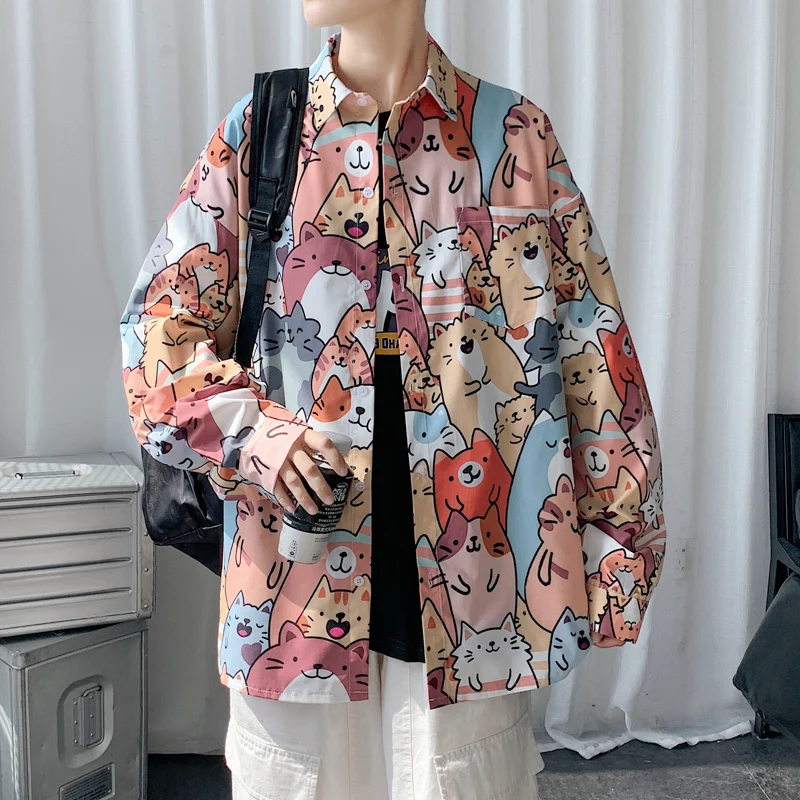 3XL Loose Long Sleeve Cartoon Cats Blouses for Mens Oversized Button Up POLO Shirt Women Kawaii Clothes Y2K Aesthetic Streetwear