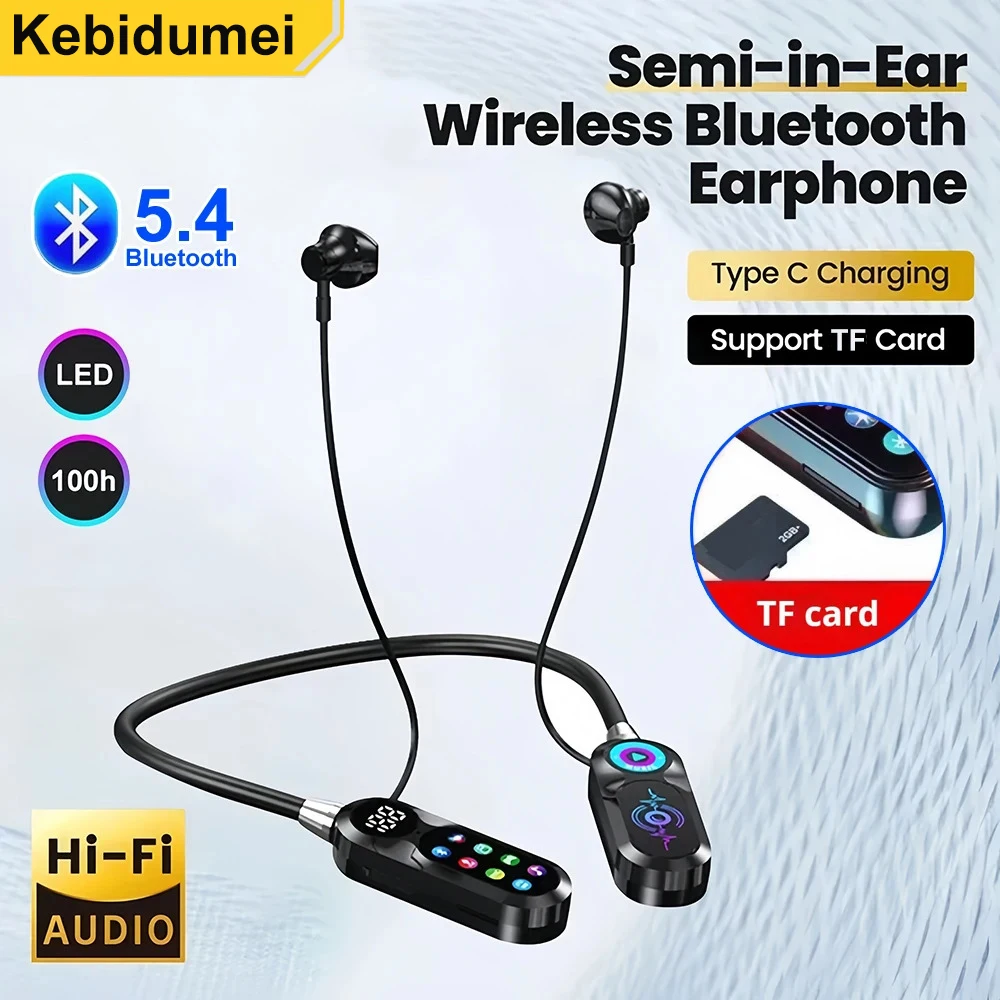 Фото Наушники Bluetooth 5.4 с HD-экраном, беспроводные TWS-гарнитуры с шейным ремешком, HiFi-стерео, водонепроницаемые, с поддержкой TF-карты №1