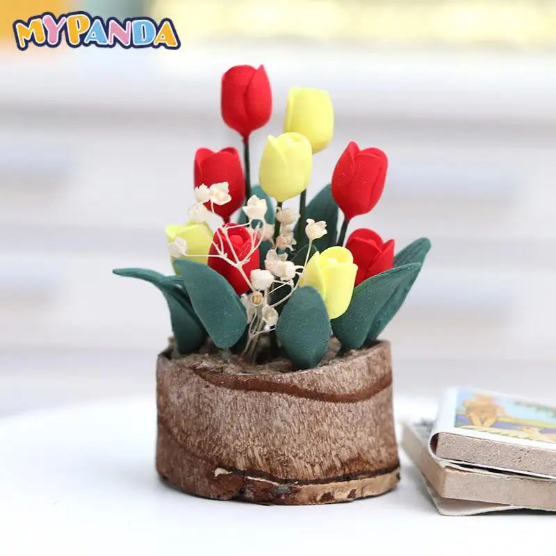 

Dollhouse Mini Cute Green Plant Flower Tulips Model Simulation Potted Plants Dollhouse Furniture Home Decoration
