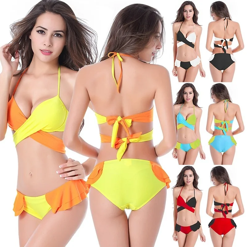 

European and American Multi-rope Color-blocking Straps Bikini Hot Spring Big Chest Gathered Swimsuit Bikini Swimsuit