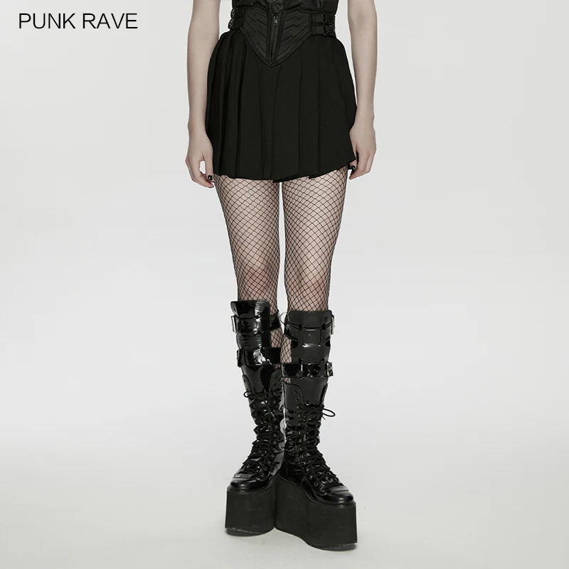Фото Женская плиссированная юбка PUNK RAVE в стиле киберпанк из высококачественного шифона с боковыми пряжками на талии, стильная черная мини-юбка WQ-936B №2