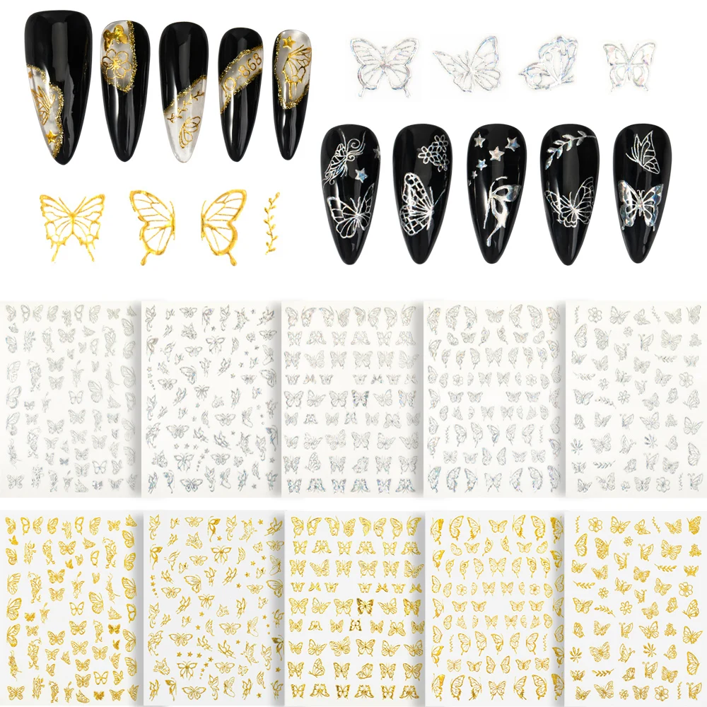 

1Set 3D Star Butterfly Gold Silver Nail Art Stickers Sparkly Nail Enhancement Transfer Autohesion Stickers Decals Decoration