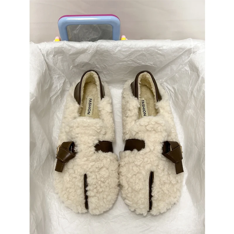 

Women Loafers Fur Female Shoes Shallow Mouth Slip-on Winter New Dress Slip On Rubber Rome Basic Short Plush Flock Flat with