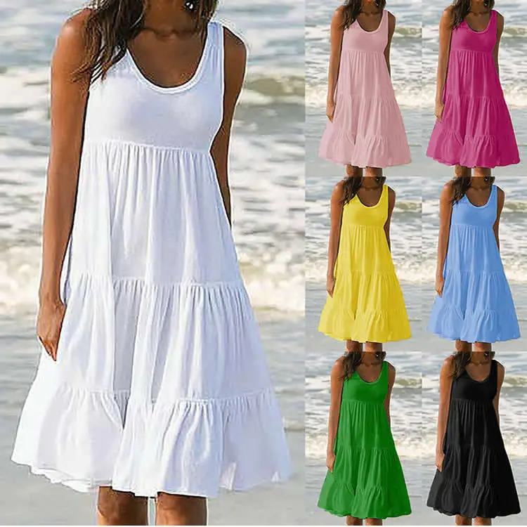 

Summer 2022 New Fashion women's Dress 7 colors 5 sizes Sleeveless round neck spliced full train beach dress