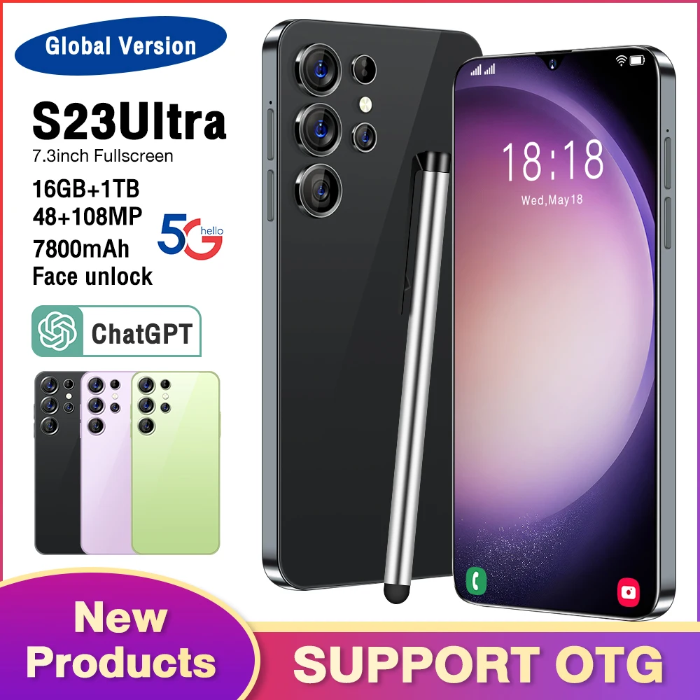 

New S23 Ultra Smart Phone 6.8 Inch HD Full Screen 6800mah 16GB+1TB Global Version Android Mobile Phones 3G 4G 5G Cell Phone