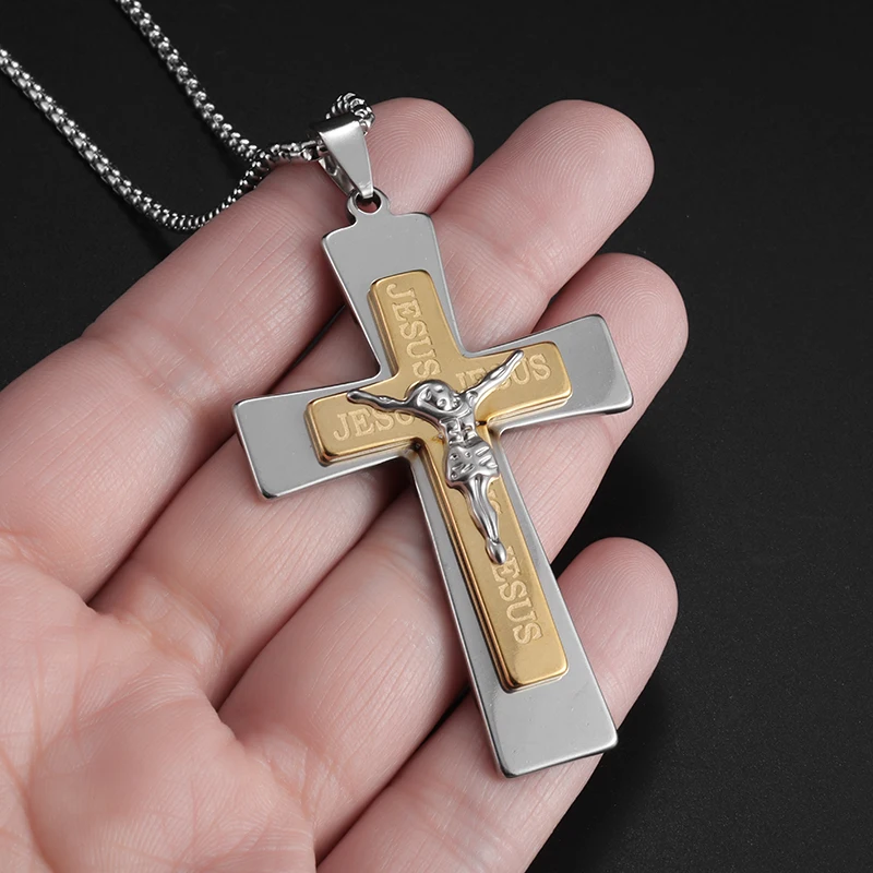 

Trend Gold Color Silver Color Cross Jesus Necklace Stainless Steel Men and Women Christ Amulet Exquisite Jewelry Pendant Gift