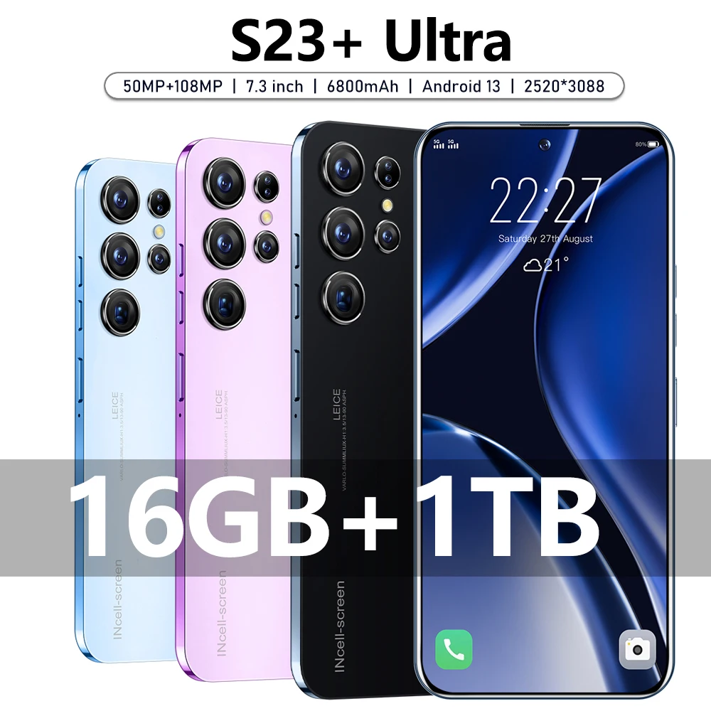 

Mobile Phone S23 Ultra 7.3 HD Screen Smart Phone Original 16G+1T 5G Dual Sim Celulares Android Unlocked 108MP 7800mAh Cell Phone
