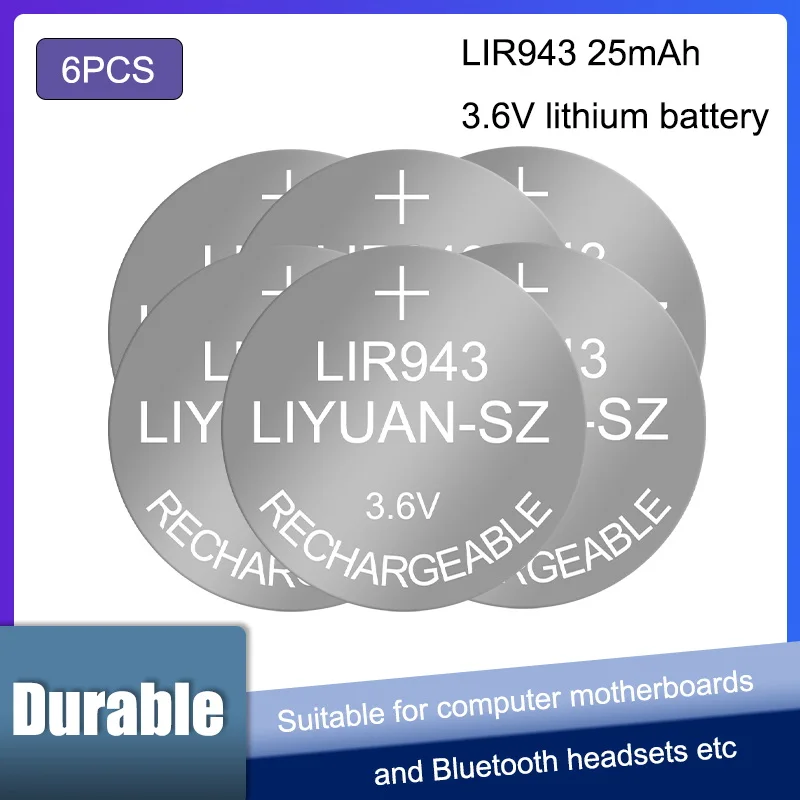 

6PCS 3.6V 25mAh LIR940 LIR943 Lithium Button Rechargeable Battery For TWS Wireless Bluetooth headset