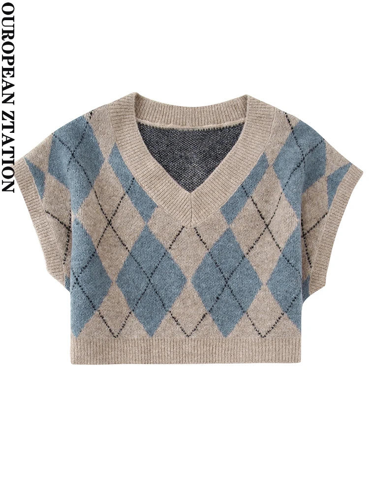 

PAILETE Women 2022 fashion oversized crop argyle knit vest sweater vintage v neck sleeveless female waistcoat chic tops