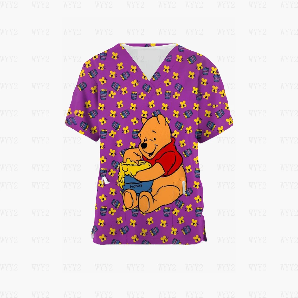 

Loose V Neck Tops Nurse Wear Winnie the Pooh Print Nurse Women Short Sleeve V Neck Medical Uniform Cute Cartoon Print Pocket Top