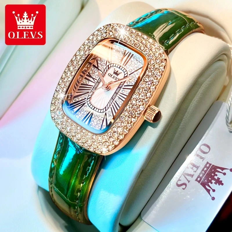 

OLEVS New Ladies Quartz Watch Luxury Full Diamond Dial Waterproof Green Leather Strap Fashion Quartz Women's Watch Reloj Mujer