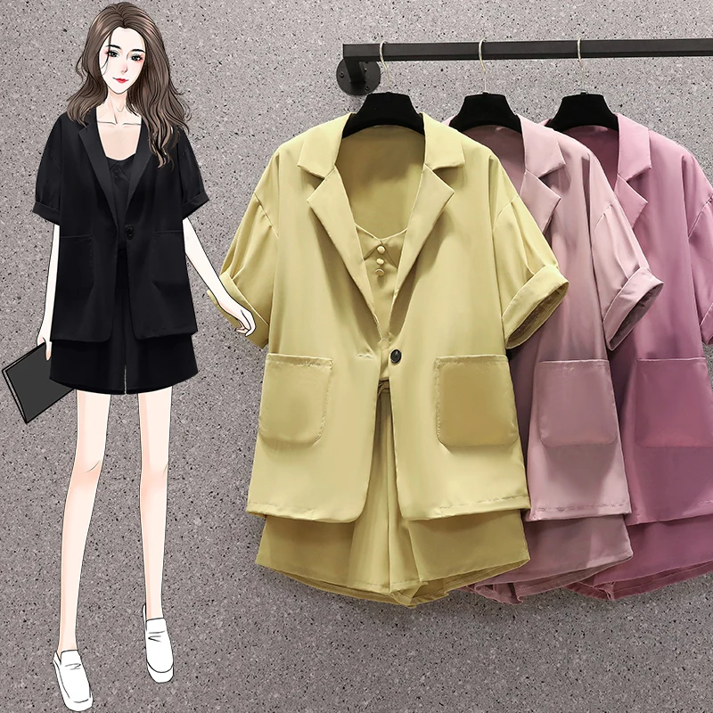 

2022 Women's Single Breasted Short Sleeve Blazer And Shorts Set Three Piece Elegant Suit Office Ladies Clothing