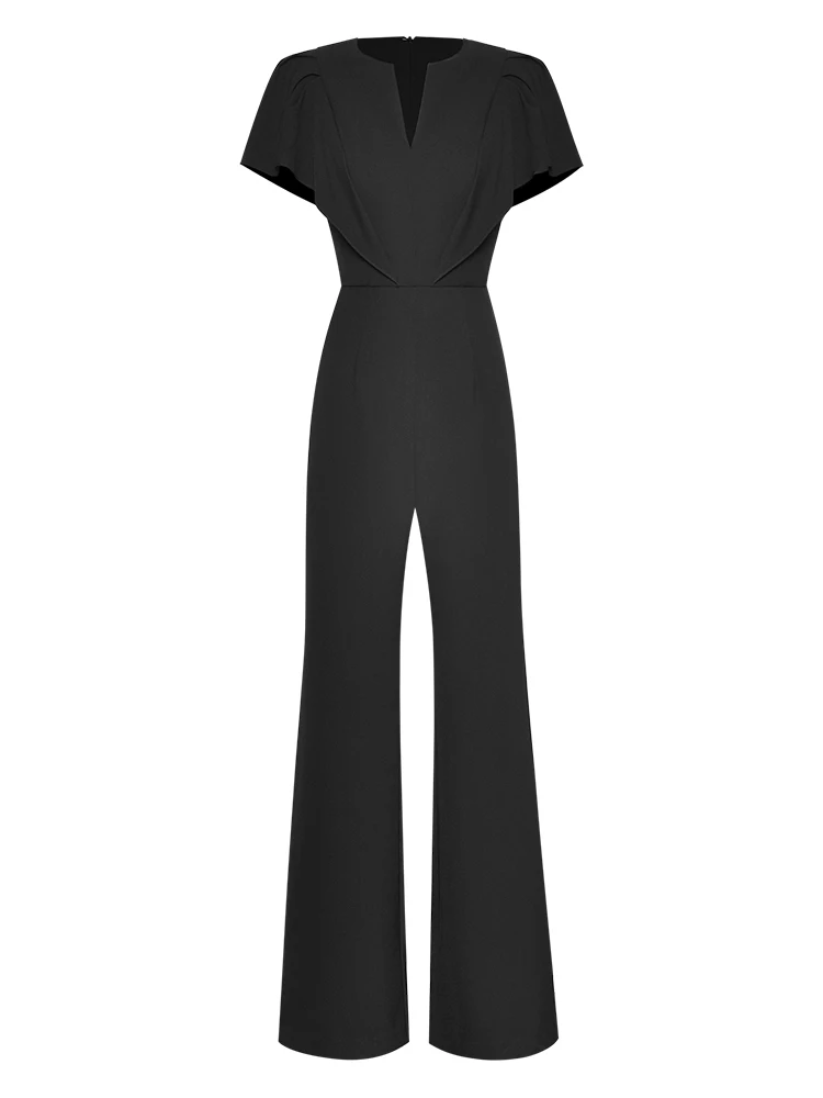 Summer Runway Elegant Jumpsuits Womens Rompers 2023 Short Sleeve Solid Black Office Overalls One Piece Full Length Pants