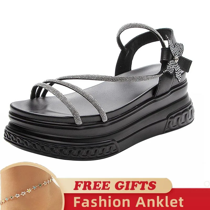 Bow Deco Rhinestones Design 7cm Platform Women Sandals Genuine Leather Women Hook&loop Slippers Ladies Wedge Chunky Shoes