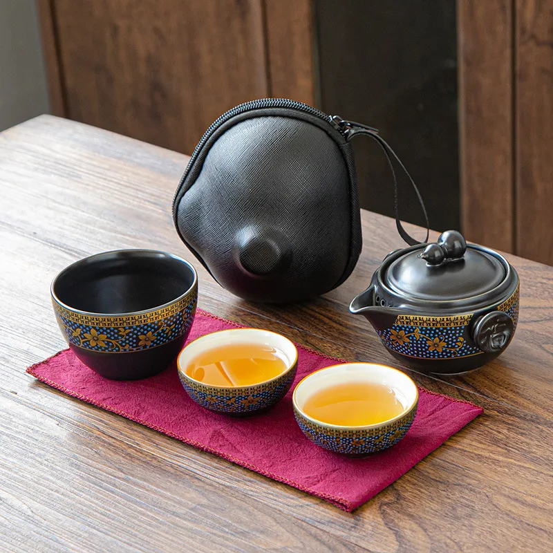 Matt Black Ceramic Set Travel Tea Set with Gilt Flowers Wellness and Leisure Reception Gifts Chinese Tea Ceremony Kung FuTea Set