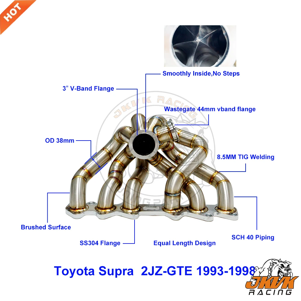 

Паровая труба JKVK RACING SS304 3 мм, 3,0 дюйма, V-образный фланец, турбоколлектор равной длины для yo ta Supra 2JZGTE 1993-1998