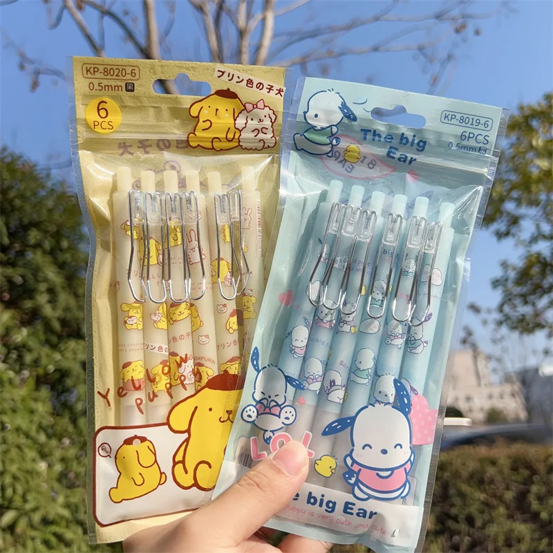 

6Pcs Kawaii Sanrio Neutral Pens Pochacco Accessories Cute Anime Carbon Pens Student Exam Signature High Value Toys for Girl Gift