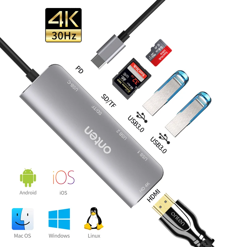 

4K@30Hz SD/TF card reader PD charging Plug and Play USB Splitter Adapter Type-C To HDMI laptop accessories dock station usb hub