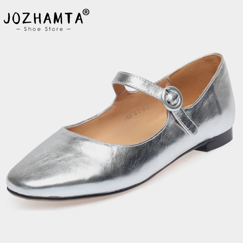 

JOZHAMTA Size 34-39 Flats Shoes For Women 2023 Fashion Real Leather Buckle Strap Silver Low Heel Casual Office Ladies Shoes