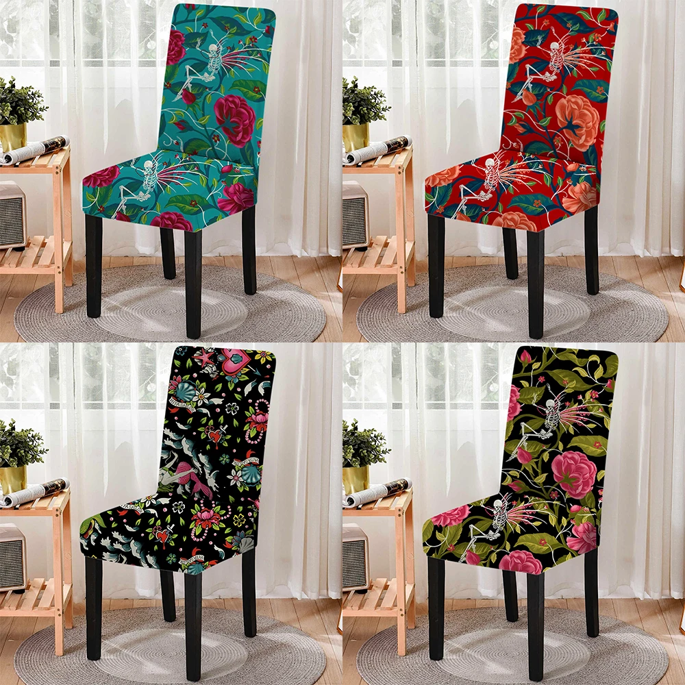 

Floral Skull Theme Spandex High Back Dining Chair Cover One-piece Stretch Seat Cover Anti-fouling Cushion Cover Home Decor
