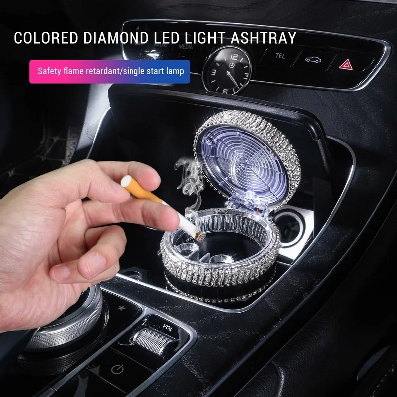 New Diamond Car Ashtray LED Light  Portable Smokeless Auto Ashtray Cigarette Holder Box  Car Bling Accessories for Girl Woman