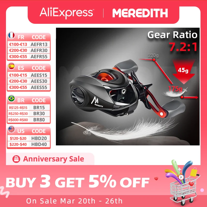 MEREDITH ARIES Ultra Light Weight Baitcasting Reel 8KG Max Drag  4+1Ball Bearings 7.2:1 High Speed Fishing Reel