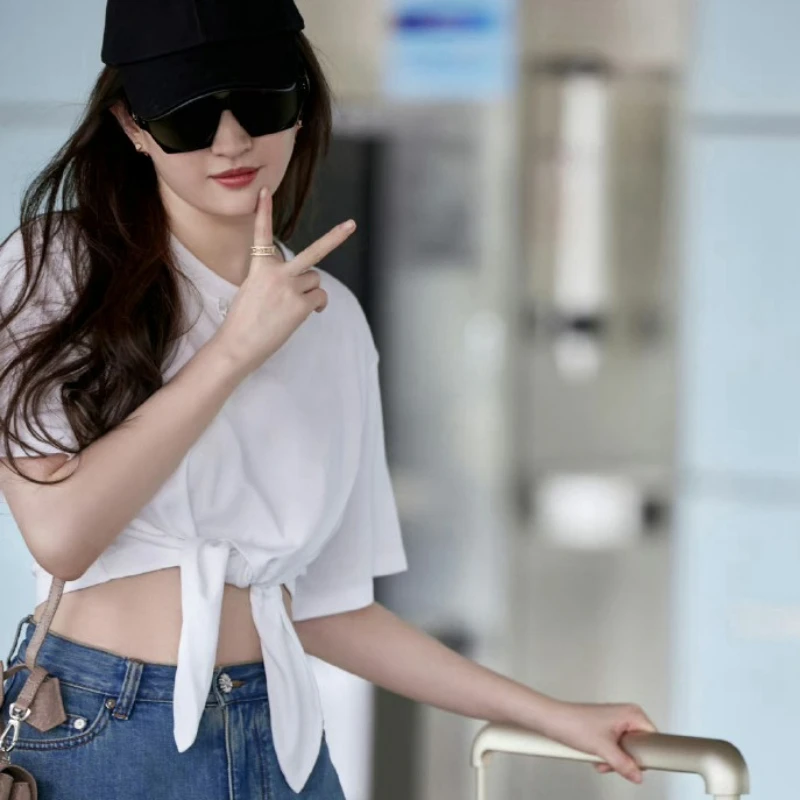 

2023 Summer New Knotted Chain High Waist White Short Sleeve Navel Ladies T-Shirt