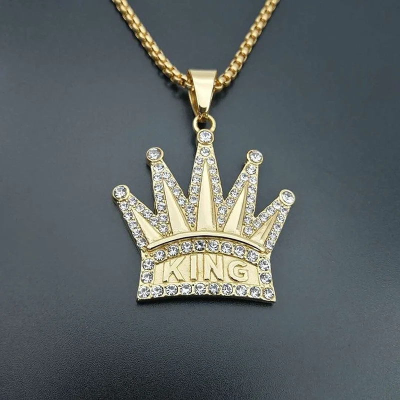 

Trendy Titanium Steel Necklace for Men's Gold Plated Rhinestones King King Crown Pendant Necklace Hip Hop Jewelry Gift