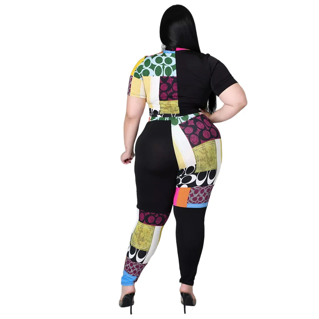 Plus Size Set Women Summer Clothing Fashion Printing Stitching Color Short Sleeve Top and Pant 2 Piece 3xl 4xl 5xl 6xl