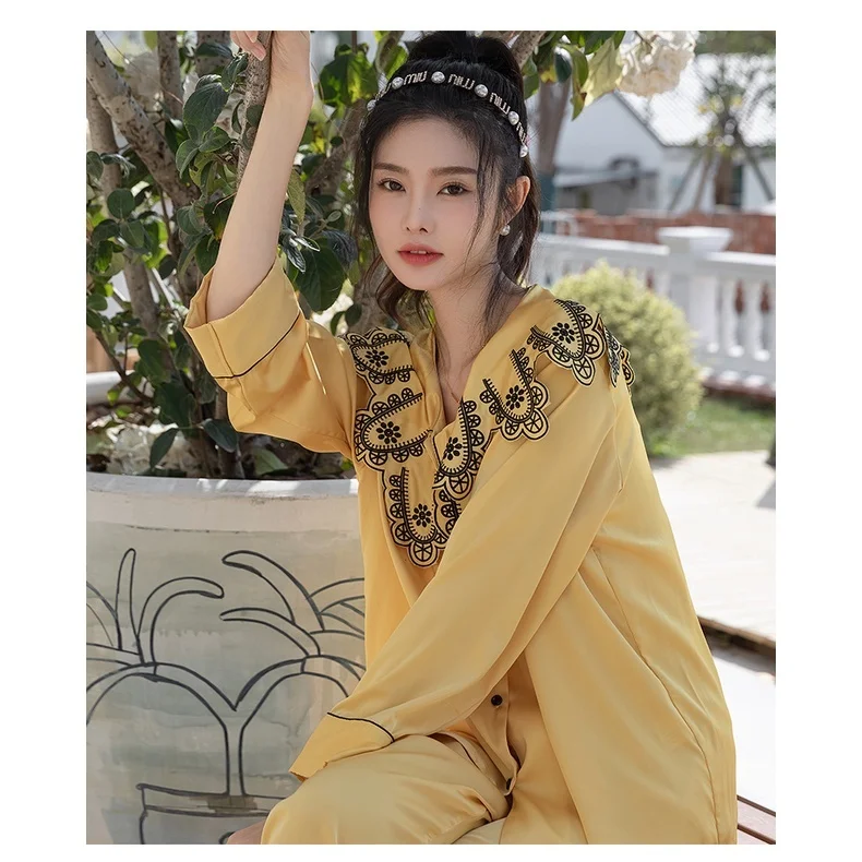Lisacmvpnel 2022 Autumn Ice Silk Pajamas Women's Long Sleeve Embroidery Cloud Shoulder Pajama Set