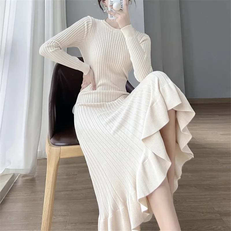 

Fishtail Knitted Dress Autumn Winter Women's Clothing Over The Knee Mid-length Knitwear Dress Matching A Slim Winter Coat