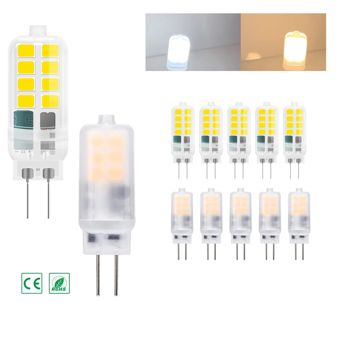 

10Pcs Mini G4 Bi-Pin 3W LED Corn Light Bulb AC/DC 12V-24V No Flicker PC Shell 2835 SMD Cold Warm White Replace 30W Halogen Lamp