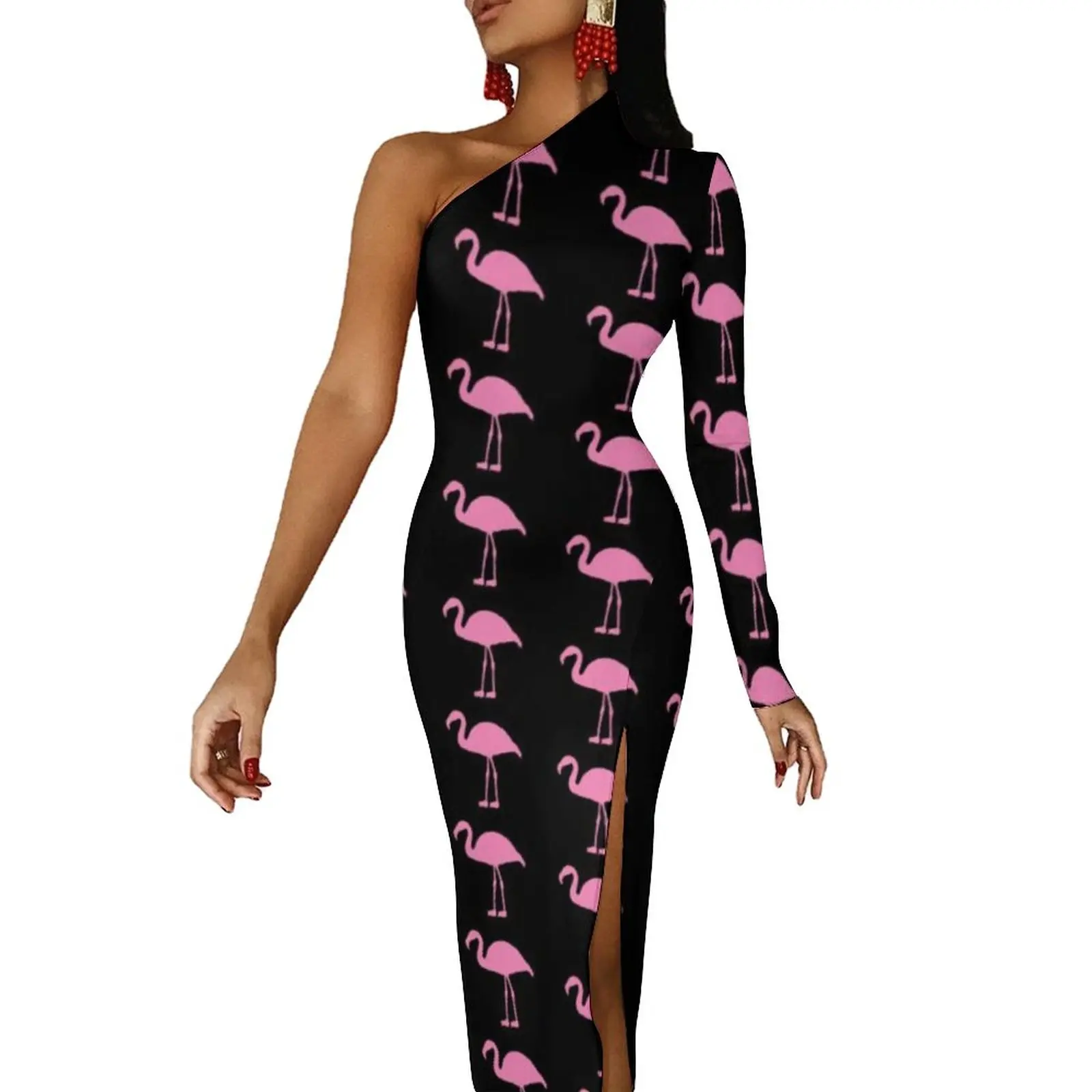 

Funny Birds Print Long Dress Womens Pink Flamingos Party Maxi Dress Autumn Long Sleeve Trendy Bodycon Dresses Side Split Vestido