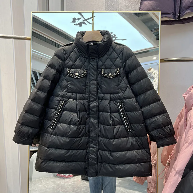 2022 Autumn Winter Black Puffer Jacket Women Solid Warm Female Stand Collar Down Coat Loose Medium Length Female Parka Outerwear
