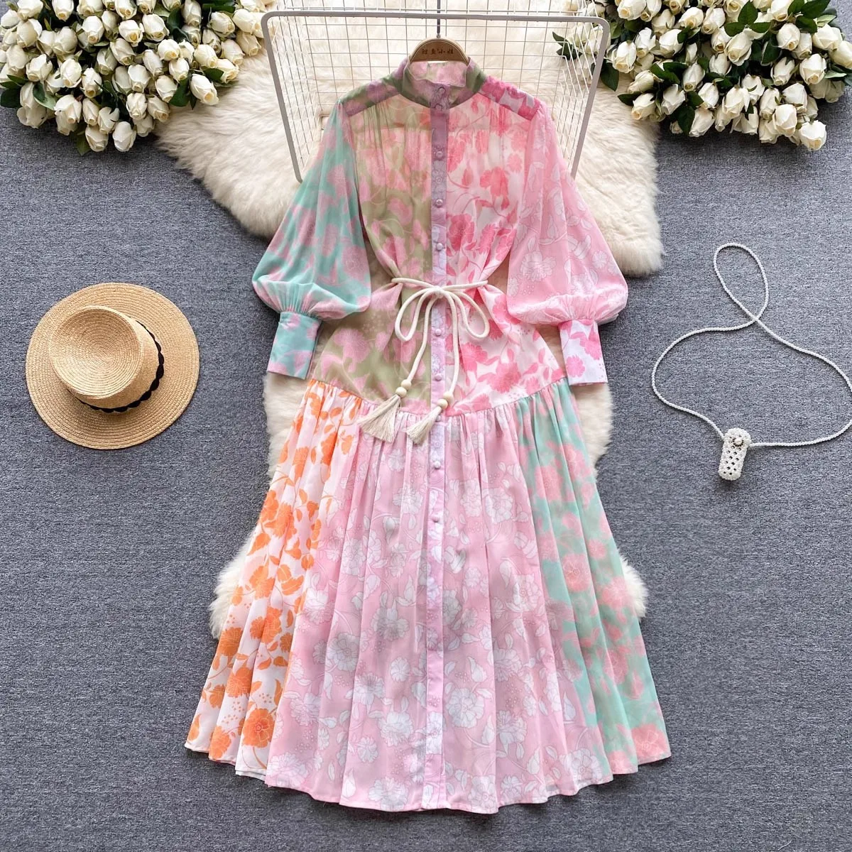 

Runway Designer Spring Chiffon Maxi Dress for Women Elegant Long Lantern Sleeve Colorblack Printed Party Vestidos Aline A2326