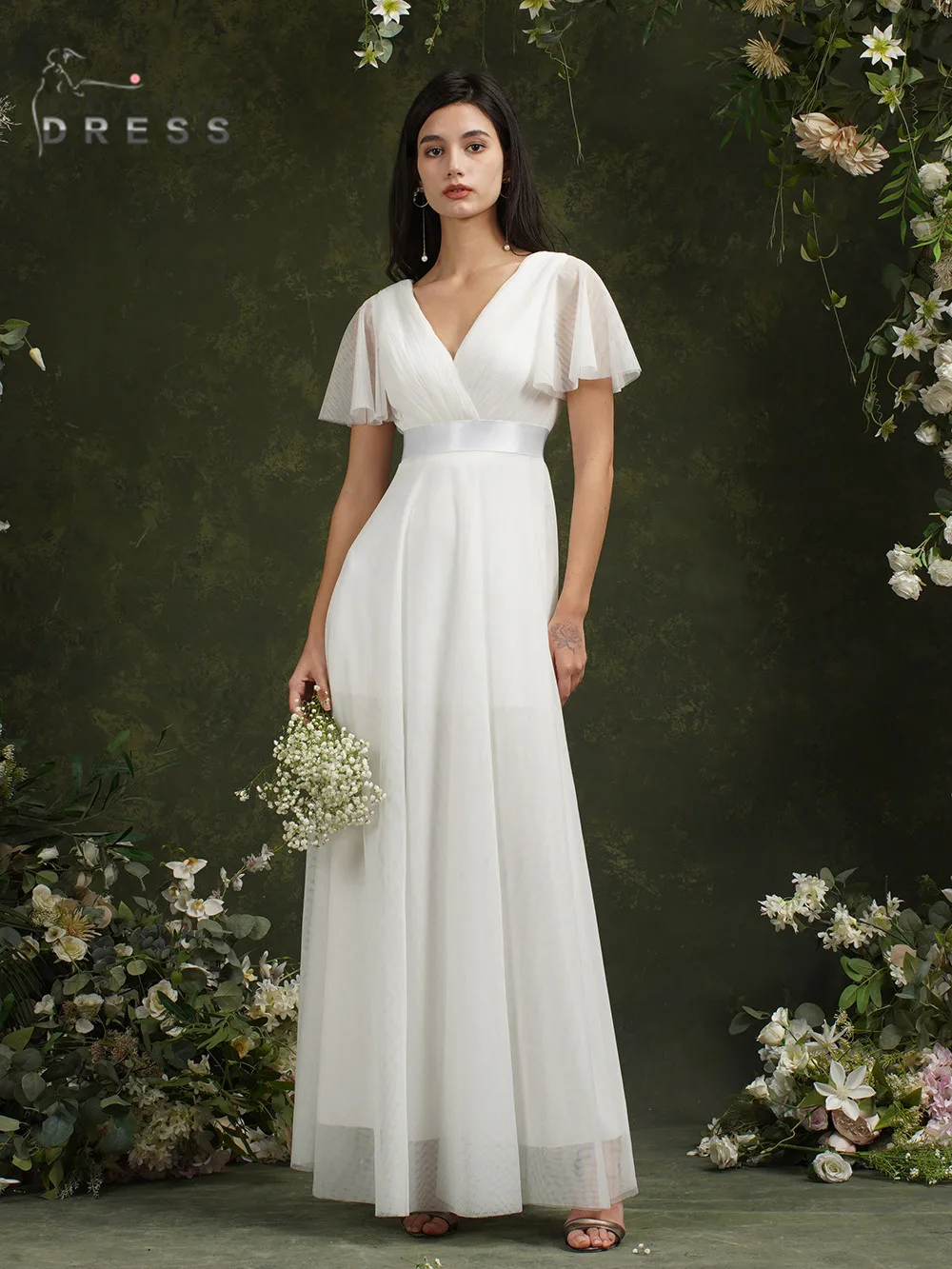 

Simple Beach White Wedding Dresses 2022 For Women A-Line Puffer Short Sleeve V-Neck Pleat Tulle Open Back Bridal Gowns with Belt