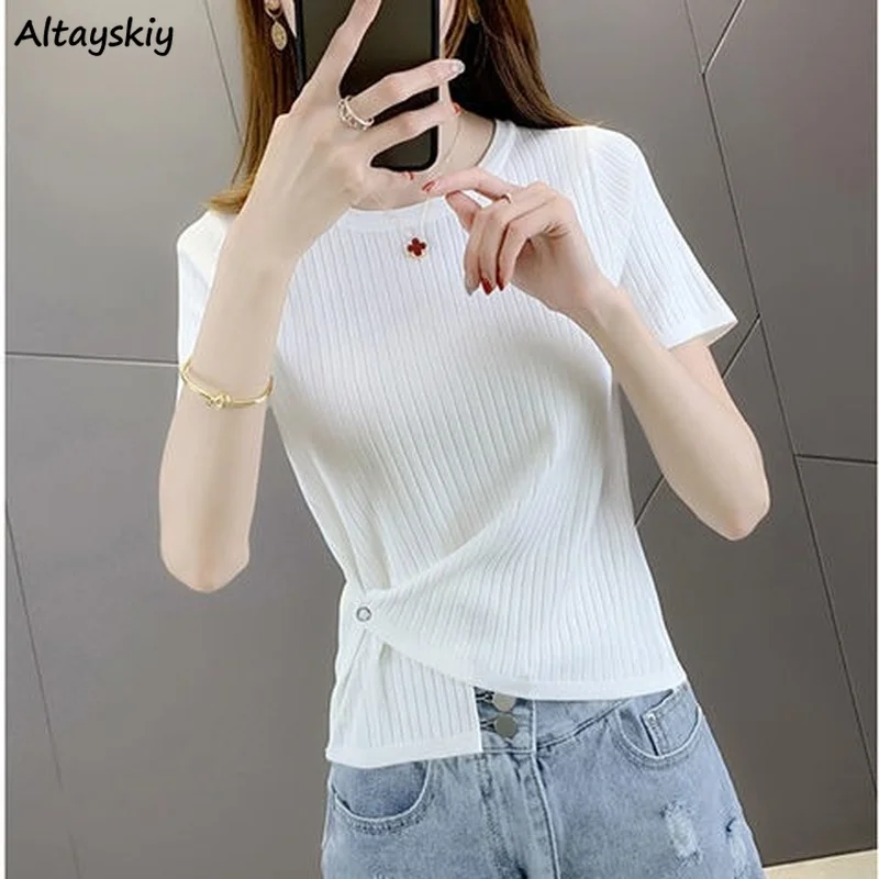 

T-shirts Women Summer Tender Solid Simple All-match Asymmetric Korean Style Fashion Casual Loose Ins Office Young Popular Chic