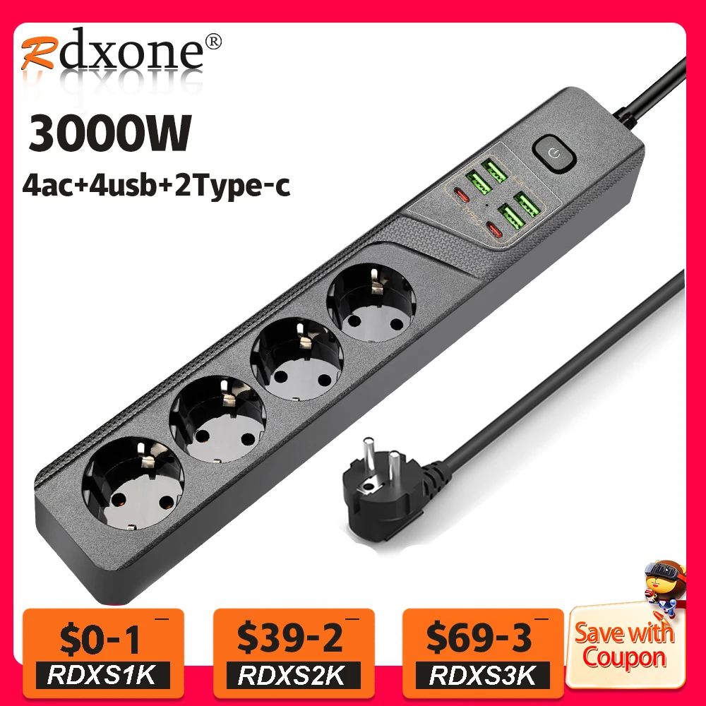 Удлинитель питания с защитой от перегрузки, 3000 Вт, 4 порта USB C, 2 порта Type C