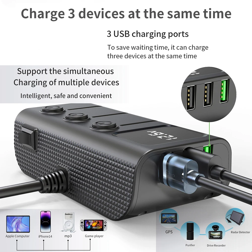 

120 Вт автомобильное зарядное устройство для телефона, адаптер прикуривателя, несколько портов, быстрая зарядка, USB-разъем для зарядки с переключателем, автоэлектронный