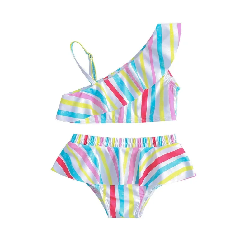 

Toddler Girls Summer Swimwear Sets Sleeveless One Shoulder Tops + Ruffle Striped Thong