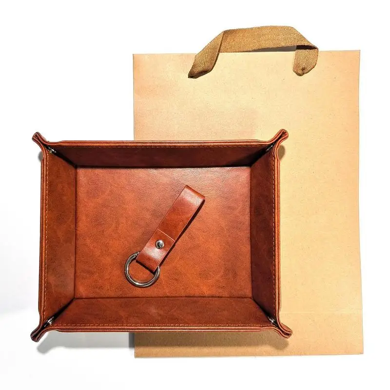 

PU Leather Tray And Keychain Catchall Storage Organizer For Jewelry Portable Leather Nightstand Jewelry Storage Tray And Leather