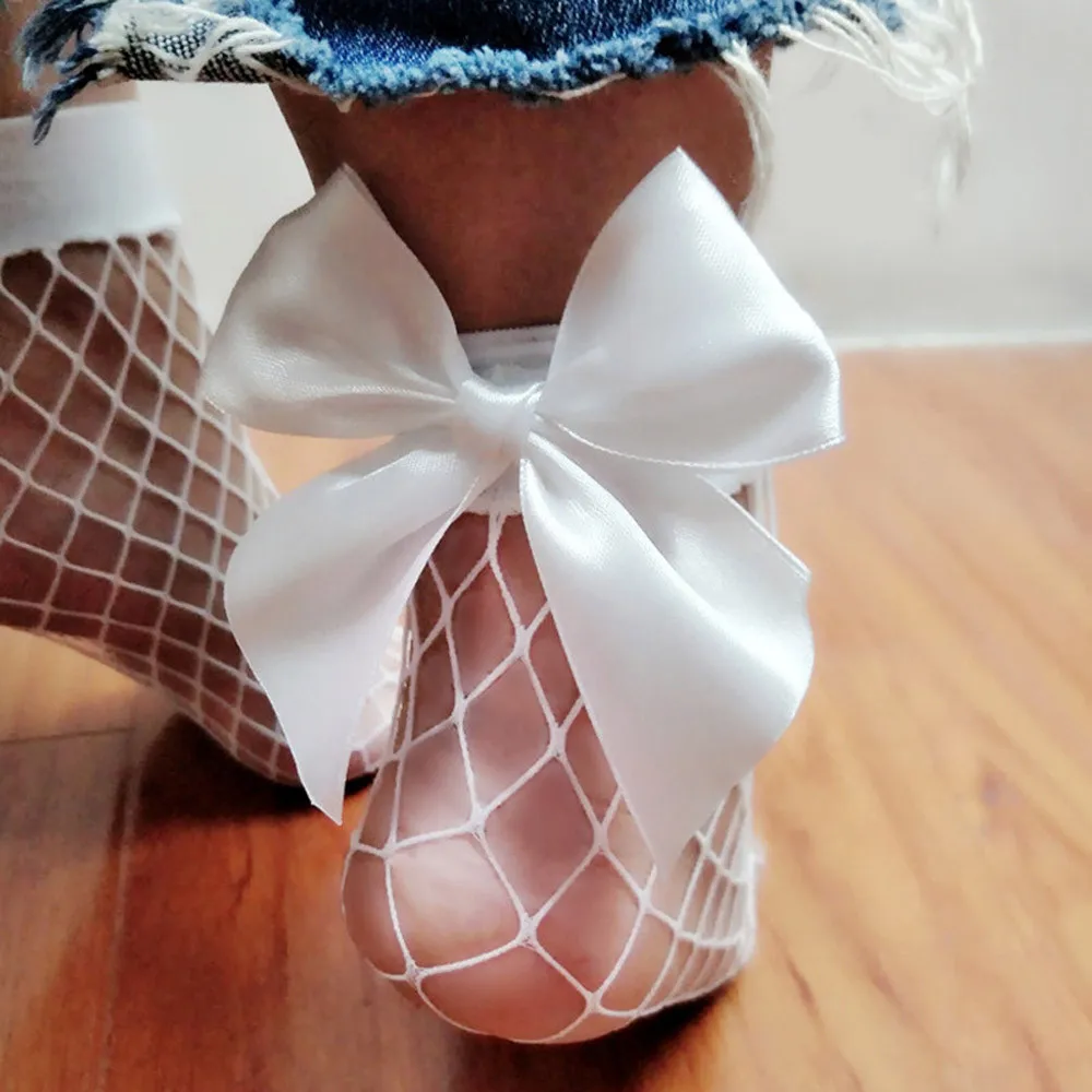

White Ankle Socks Womens Cute Fishnet Stocking Korean Style Kawaii Medias Transparent Mesh Heel Bow Crew Sock Lolita Calcetines
