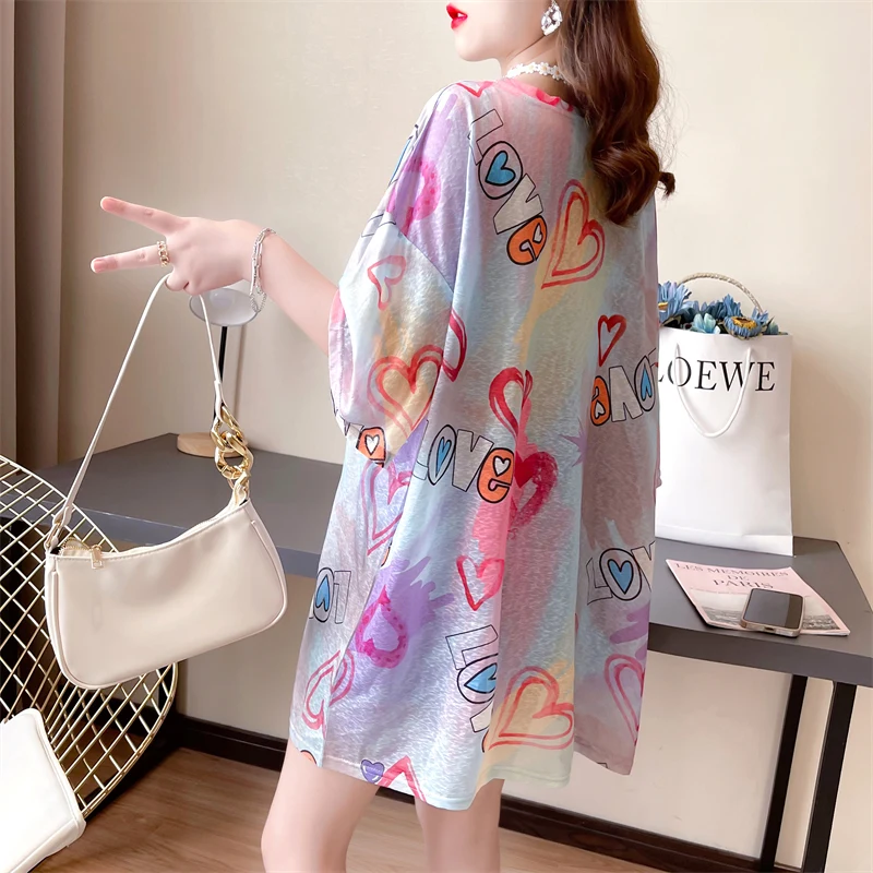 

Хлопковая Свободная Женская футболка, новая модная футболка с принтом Love, летняя одежда с круглым вырезом, повседневные футболки с коротким...