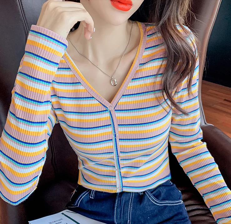 

2021 autumn new fashion long-sleeved t-shirt women V-neck blouse women gray22