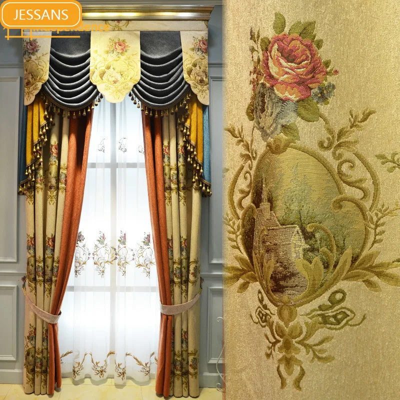 

European-style High-end Palace Chenille Jacquard Stitching Thickening Blackout Curtains for Living Room Bedroom Finished Product